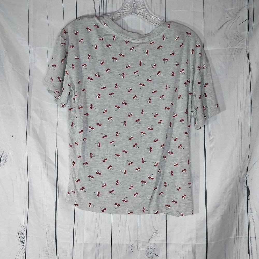 Belle Du Jour Gray Cherry Print Tie Front Casual Crew Neck Y2K Style Shirt - Picture 7 of 10